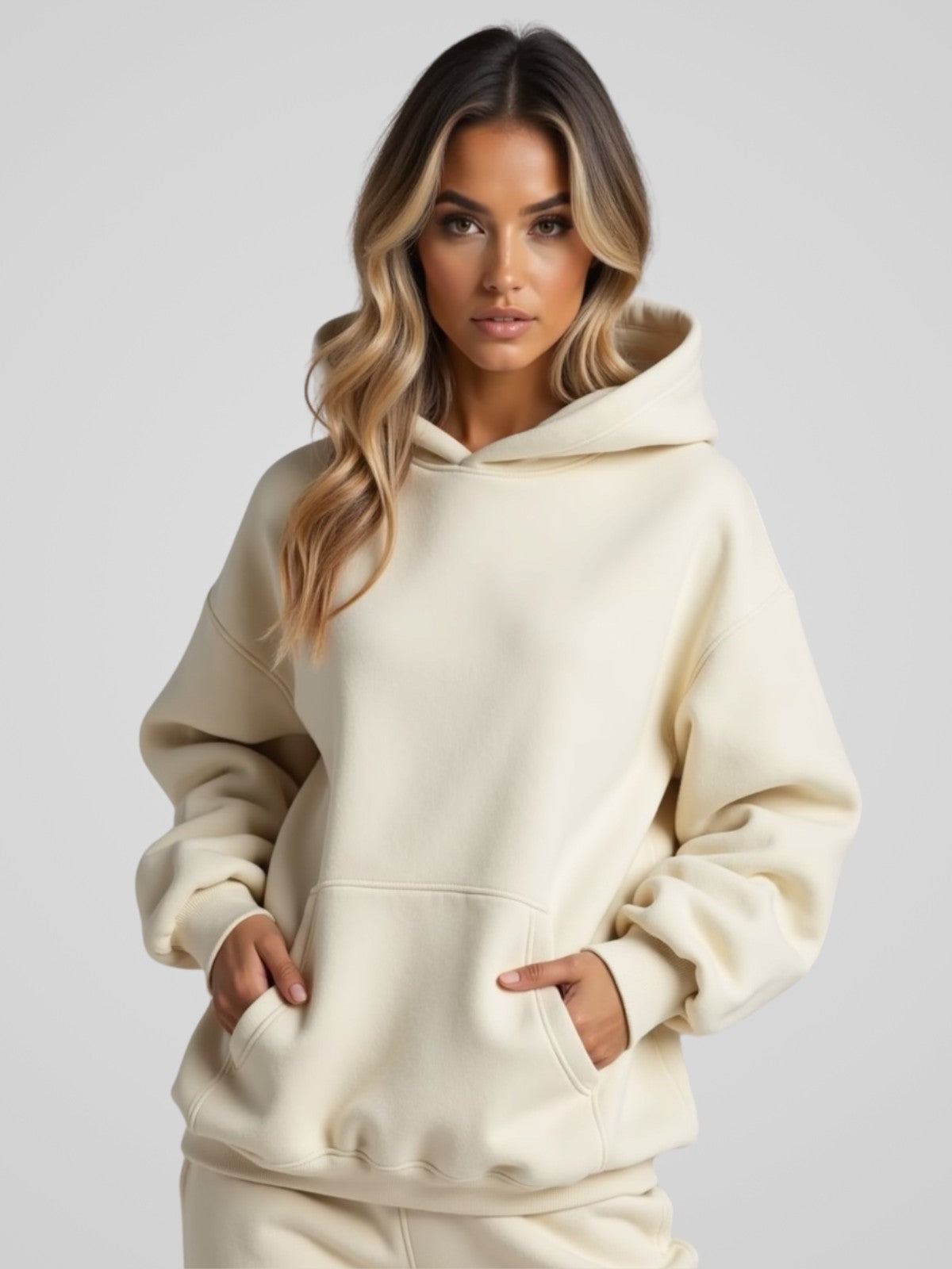 Woman wearing a cream oversized hoodie, standing and facing forward to show the fit and style.