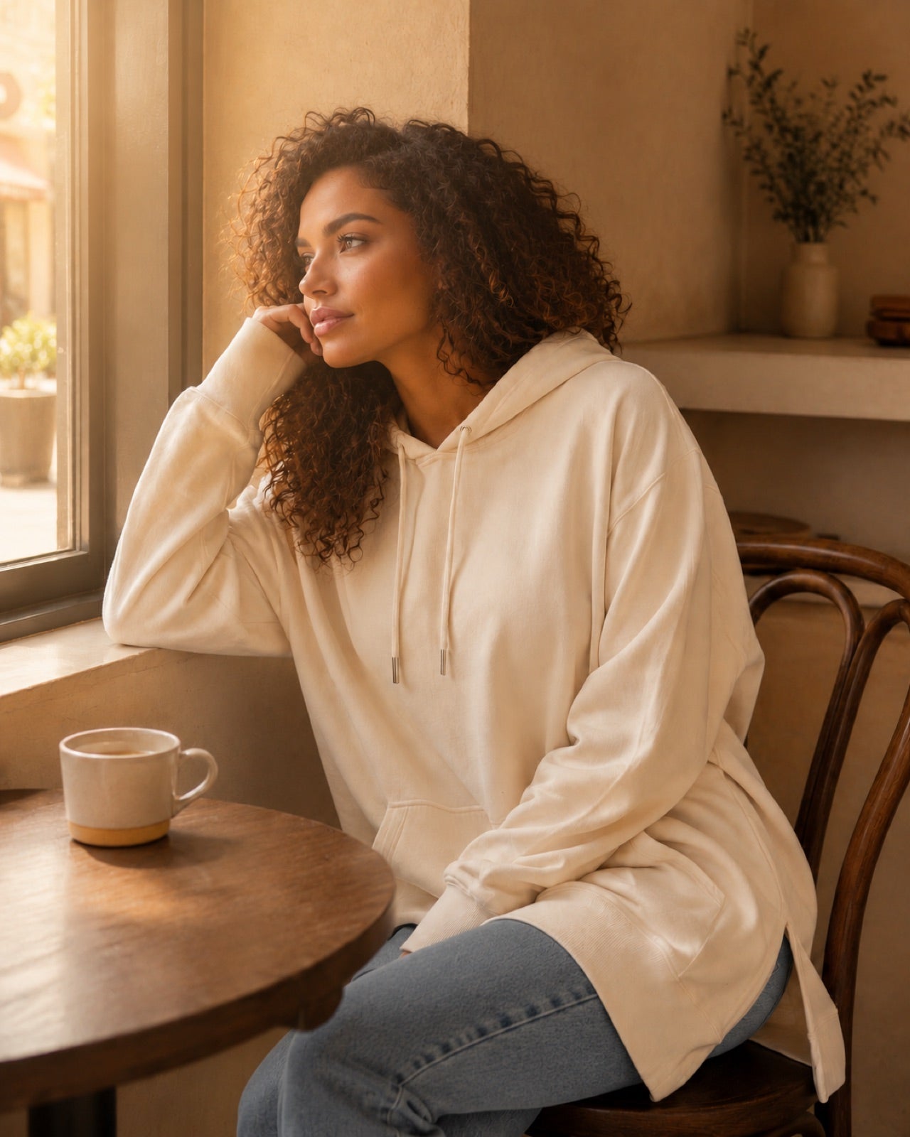 Woman in a cream Warmy and jeans seated by a cafƩ window with a mug