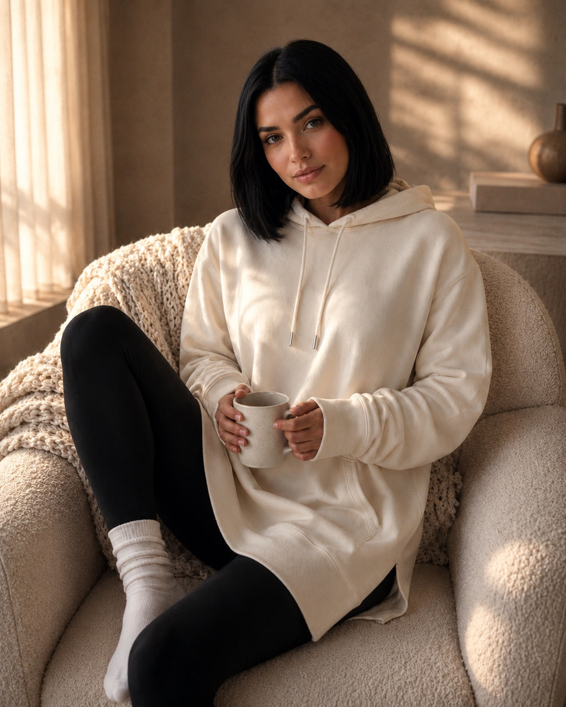 Woman wearing a Warmy hoodie dress with tights and boots